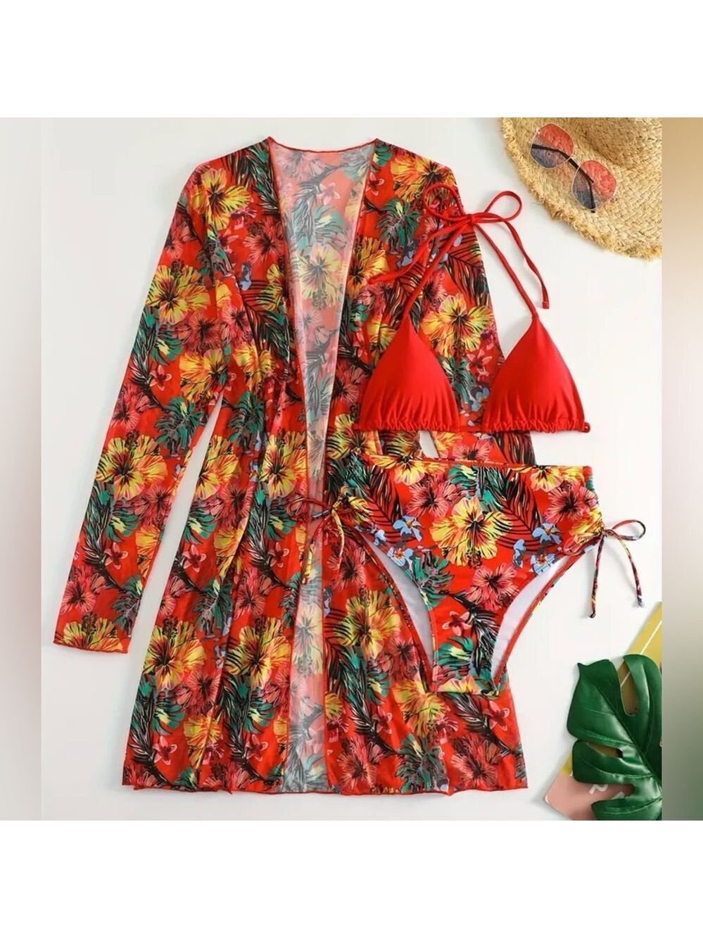 3pc Tropical Print High Waist Bikini Set with Kimono Cover Up - Picture 5 of 9